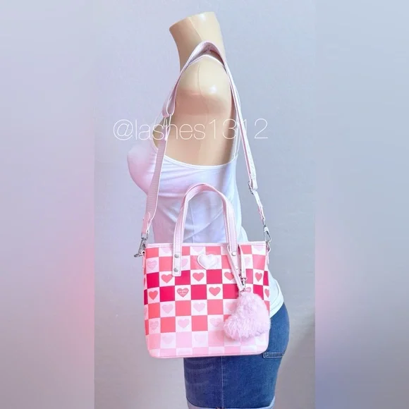 Women Bags Pink Heart Checker Tote Bag with Pom Charm - Picture 8 of 8